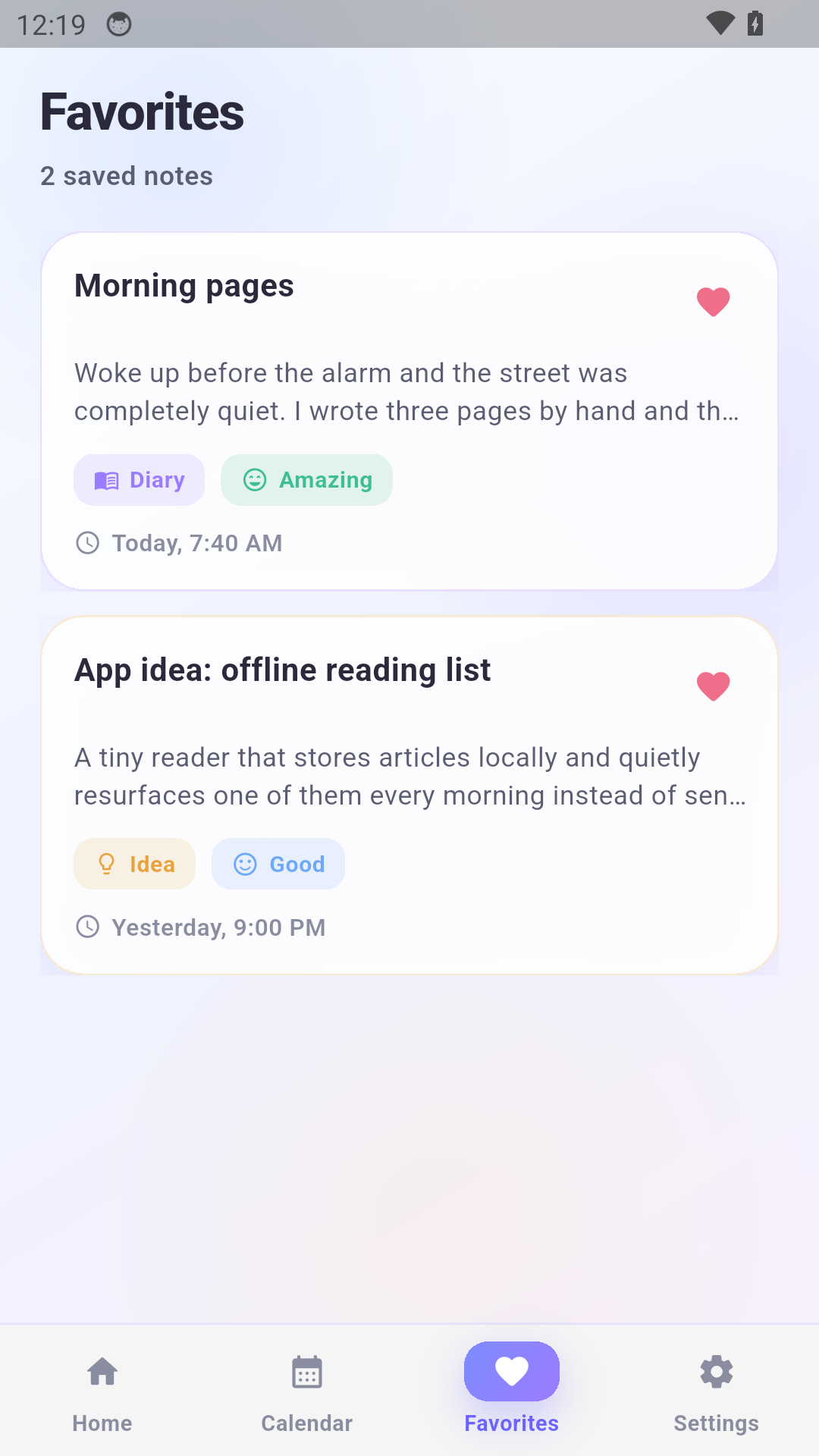 White Note favorites screen
