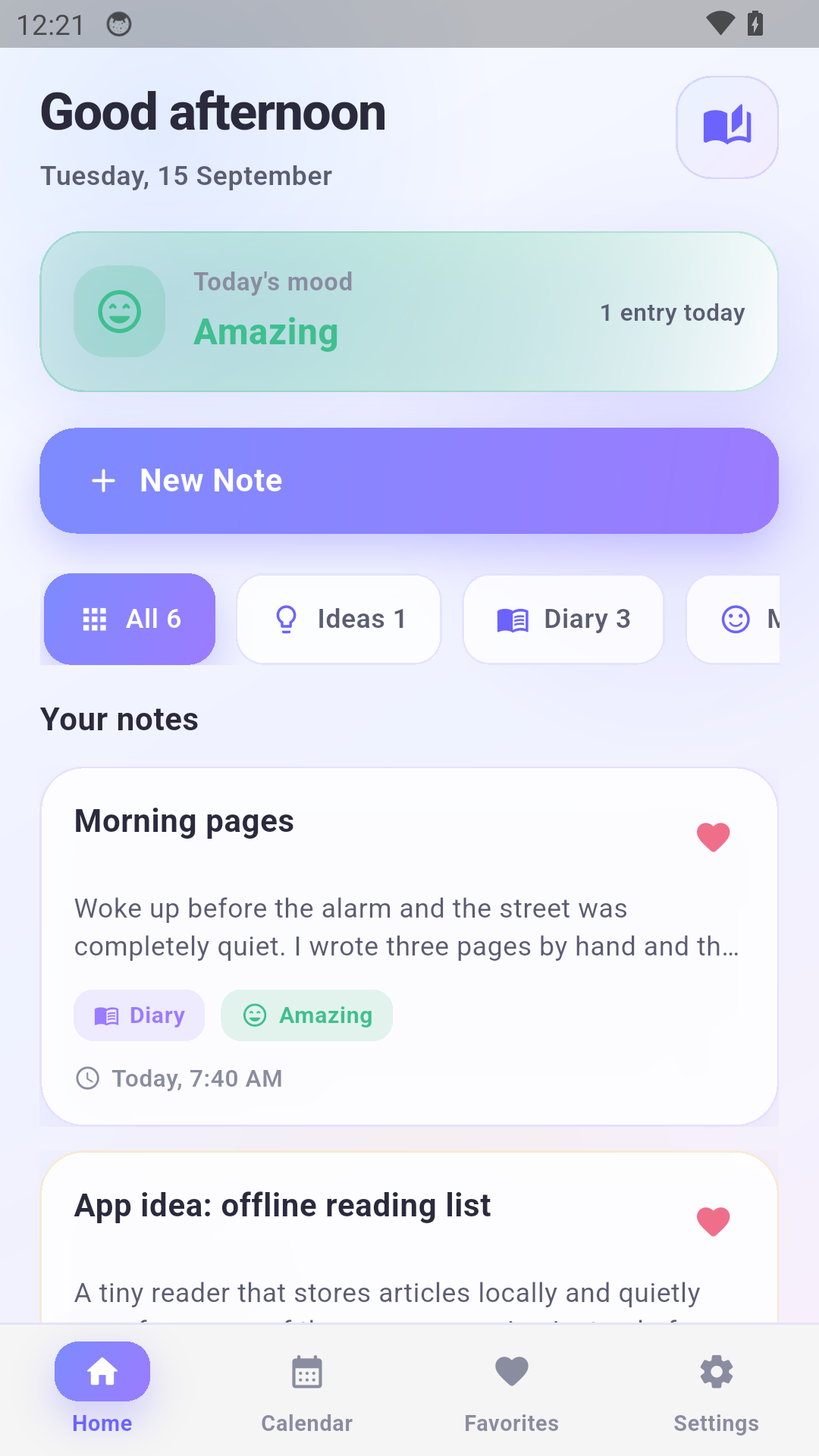 White Note home screen
